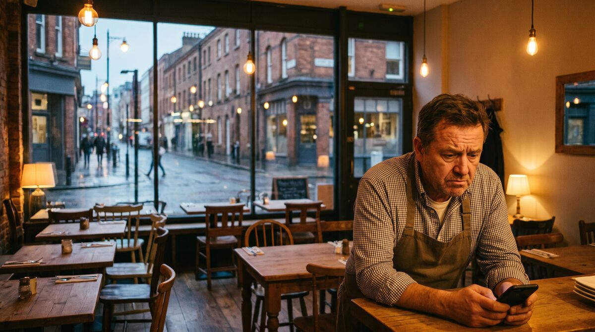 Restaurant owner in an apron checking his phone at a table in an empty café at dusk.