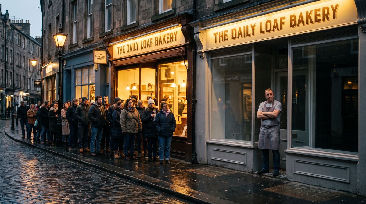 Morning queue outside a busy bakery while the shop next door stands empty.