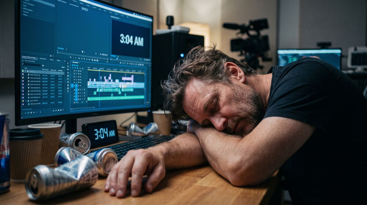 Video editor asleep at his desk at 3:04 AM beside empty energy-drink cans.