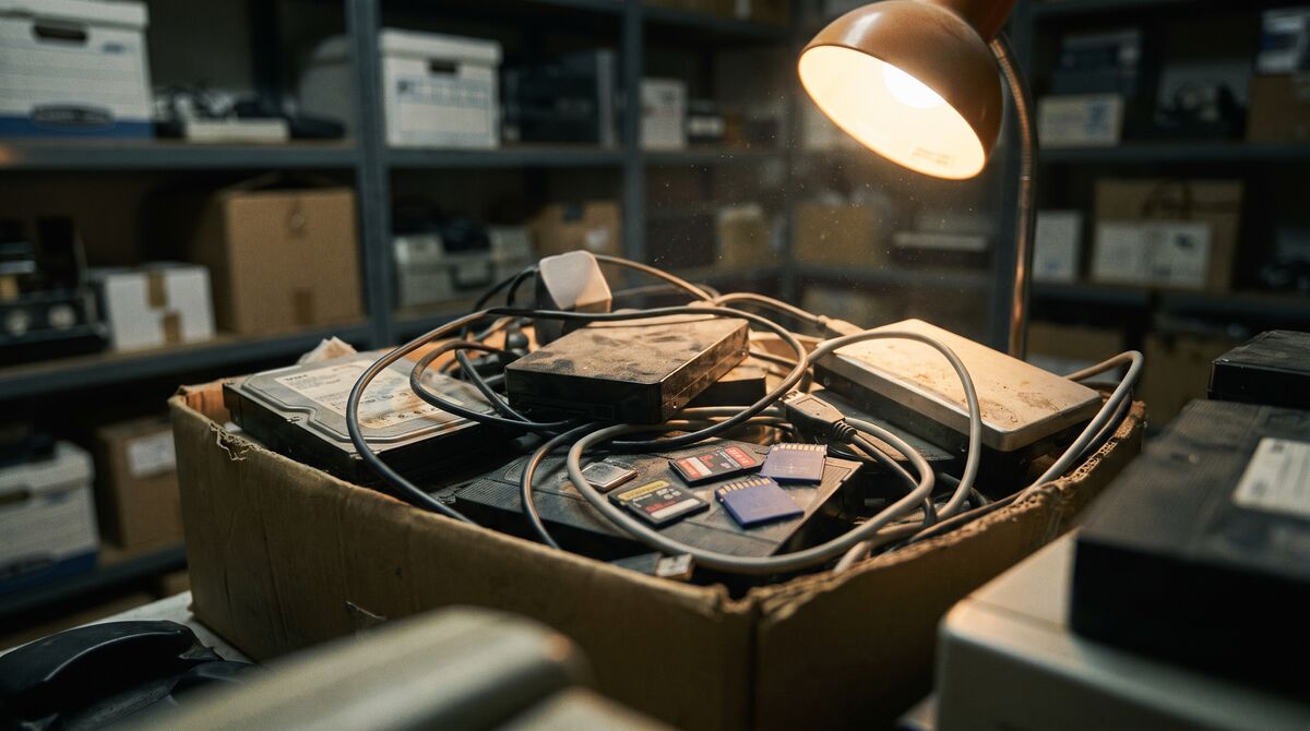 Box of dusty hard drives, memory cards and tangled cables under a desk lamp.