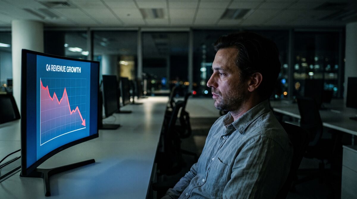 Man staring at a falling Q4 revenue chart on a monitor in a dark office at night.