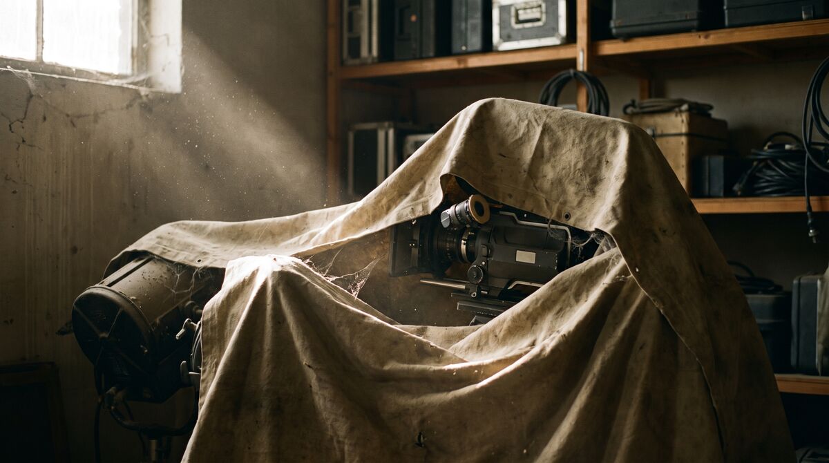 Cinema camera and studio light gathering dust under a tarp in a storage room.