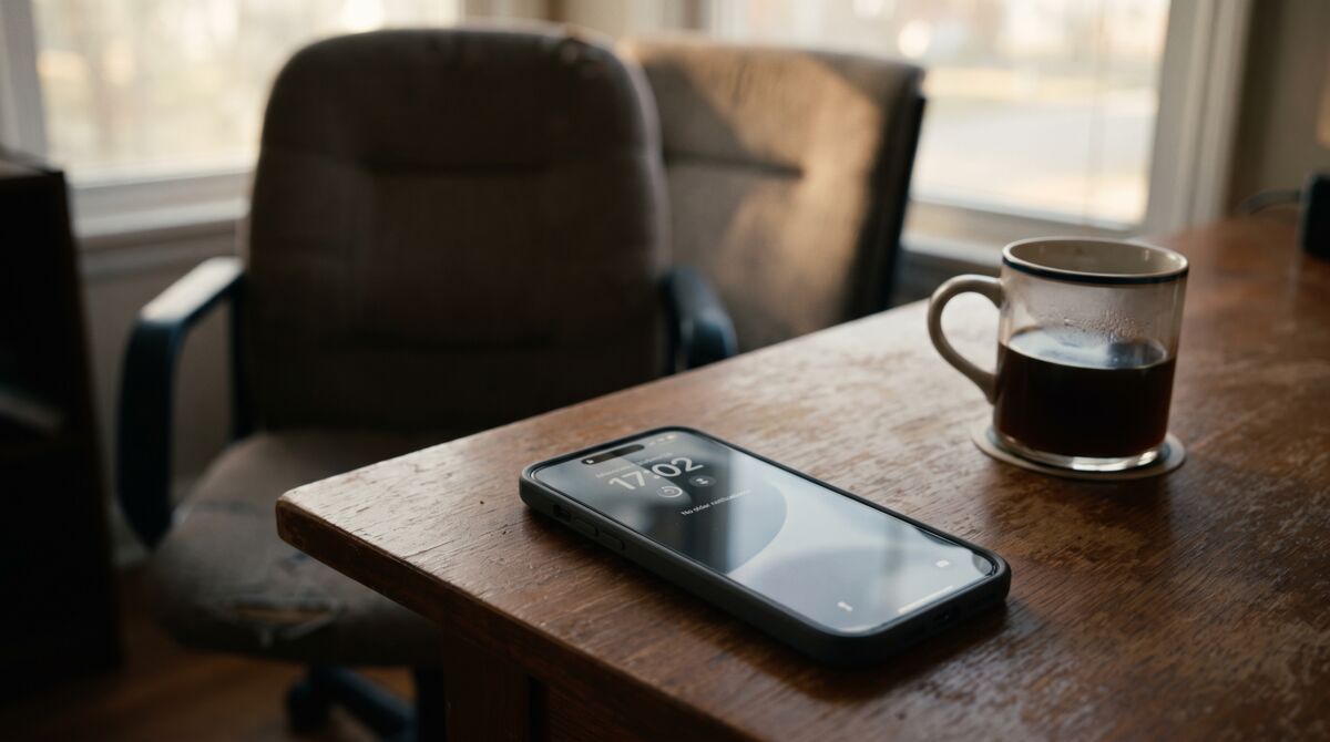 Phone showing no new notifications on a desk beside a cooling coffee and an empty chair.