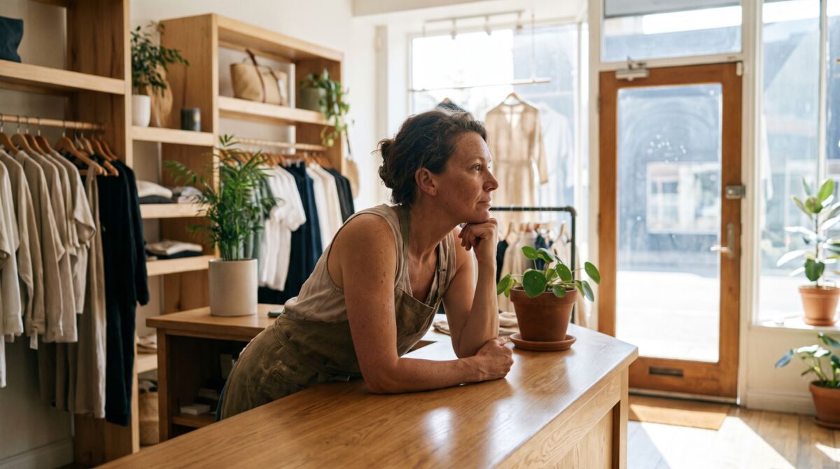 Boutique owner waiting at the counter of an empty clothing store, chin resting on her hand.