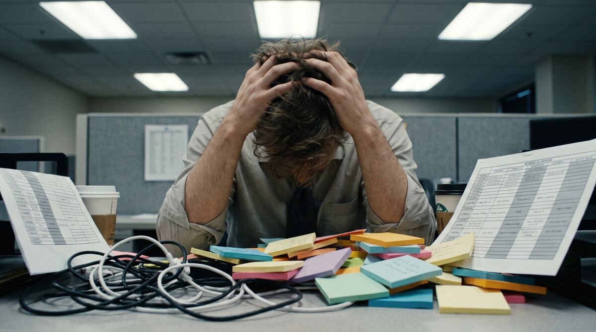 Man with his head in his hands at a desk buried in sticky notes and printed schedules.
