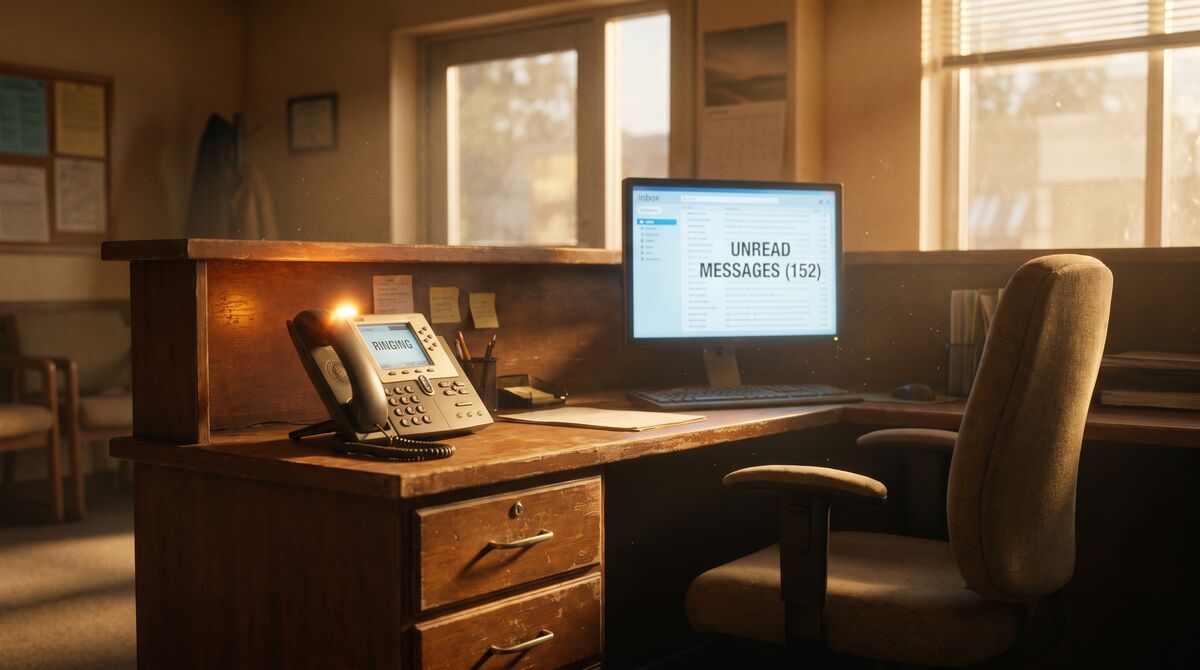 Reception desk with a ringing phone and an inbox of 152 unread messages at golden hour.