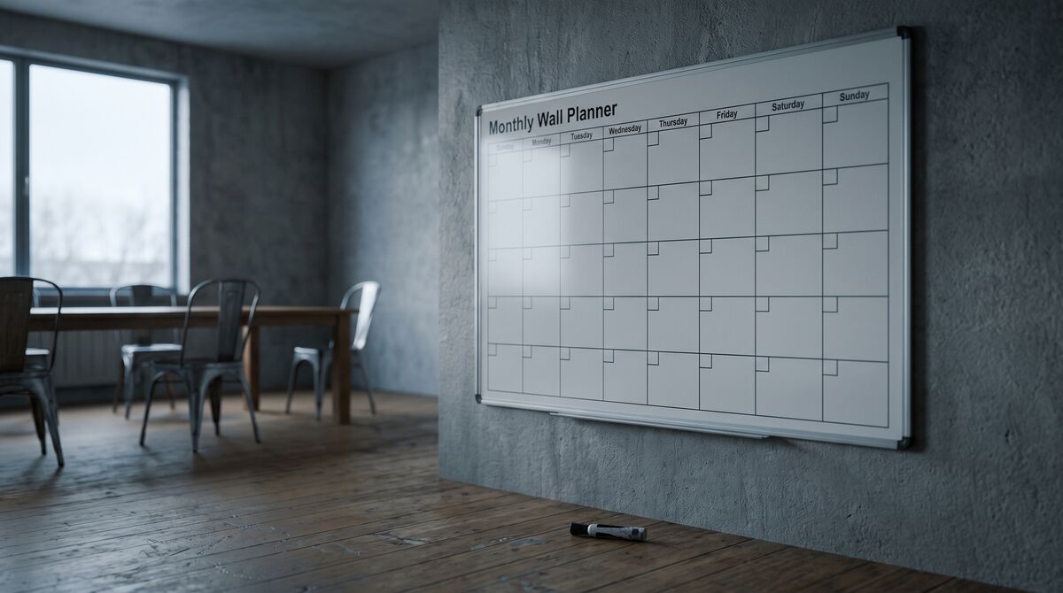 Empty monthly wall planner in a grey meeting room, a marker abandoned on the floor.