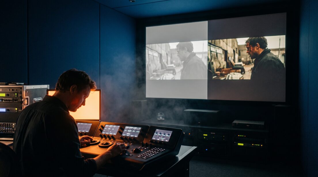 Colorist am Grading-Pult vergleicht die flache und die gegradete Fassung einer Szene auf der Leinwand.