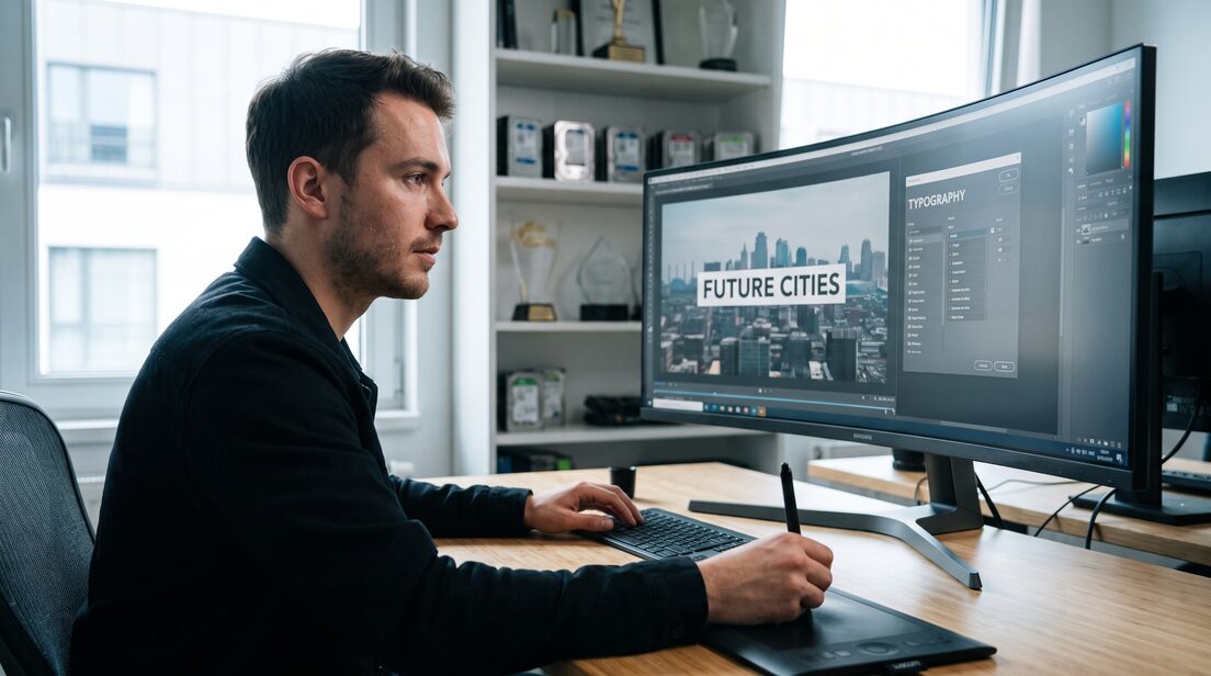 Designer setzt einen Hook-Titel über eine Skyline im Typografie-Panel, den Stift in der Hand.