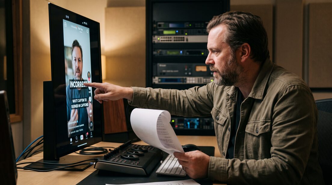 Editor zeigt auf einen eingebrannten Untertitel-Fehler in einem vertikalen Video, das Skript in der Hand.