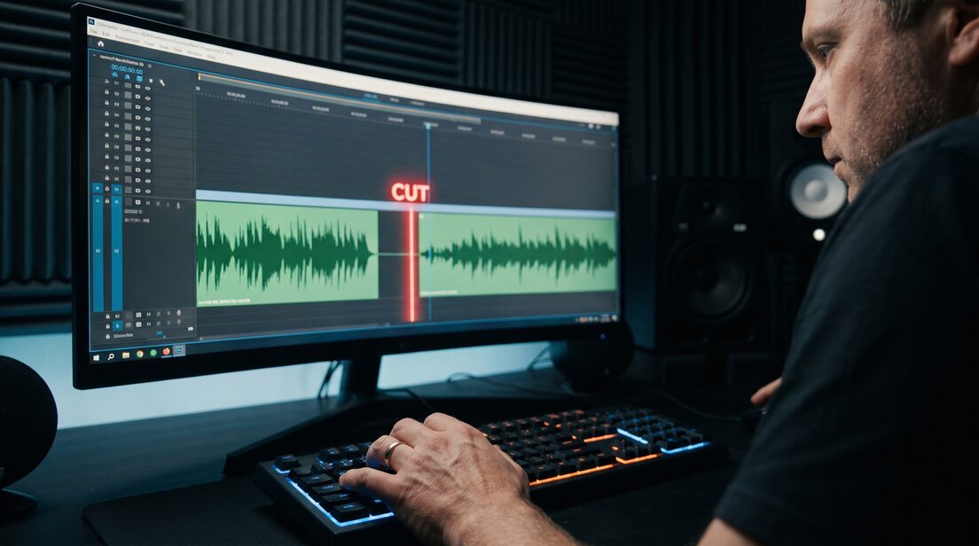 Audio-Editor entfernt eine Stille zwischen zwei Wellenformen, roter CUT-Marker auf dem Studiobildschirm.