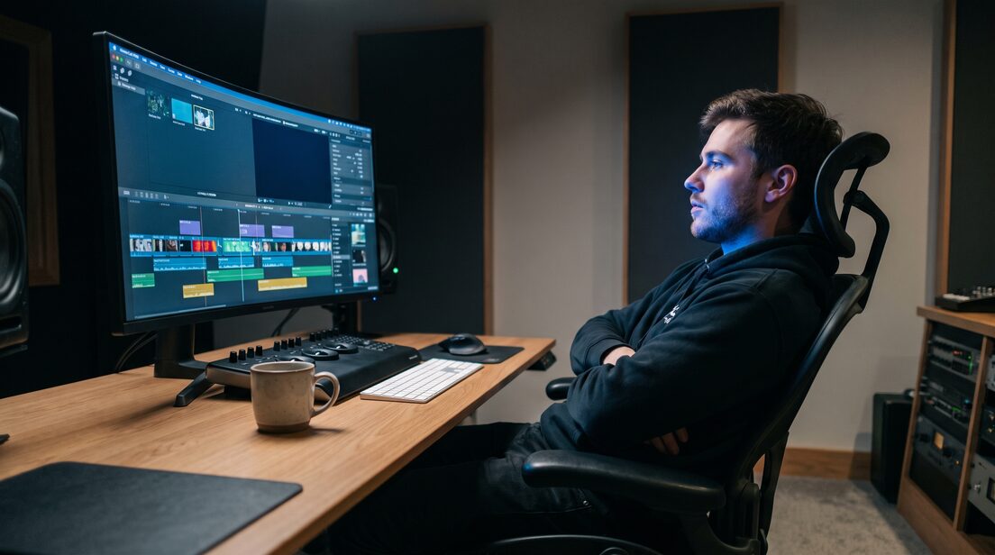 Editor lehnt im Studiostuhl zurück und prüft einen farbcodierten ersten Schnitt auf einer breiten Timeline.
