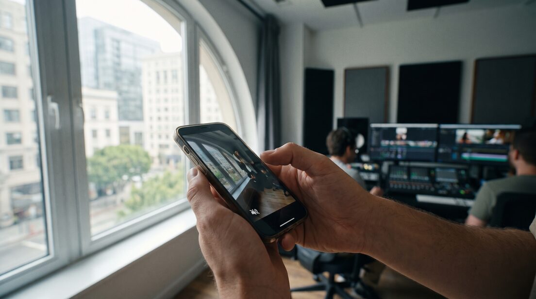 Hände halten ein Smartphone am hellen Fenster und prüfen ein vertikales Video, die Regie unscharf dahinter.