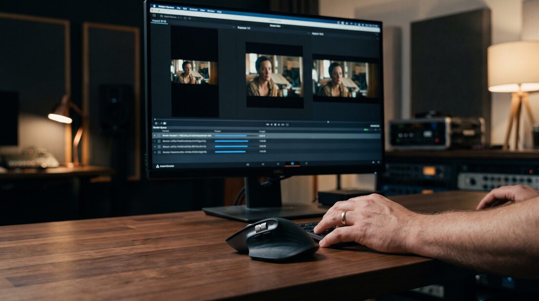 Renderqueue exportiert dasselbe Video in Hochformat, Quadrat und Breitbild auf einem Studiomonitor.