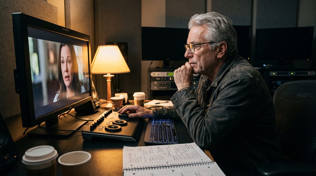 Senior-Editor betrachtet nachts ein Interview auf dem Monitor, Hand am Kinn, Notizen neben der Lampe.