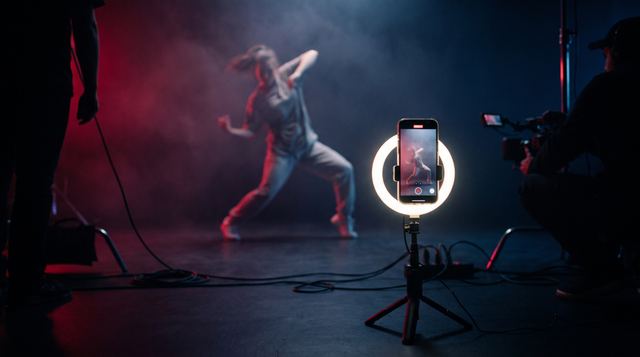Tänzerin im Studionebel, gefilmt von einem Smartphone auf einem Ringlicht im Hochformat.