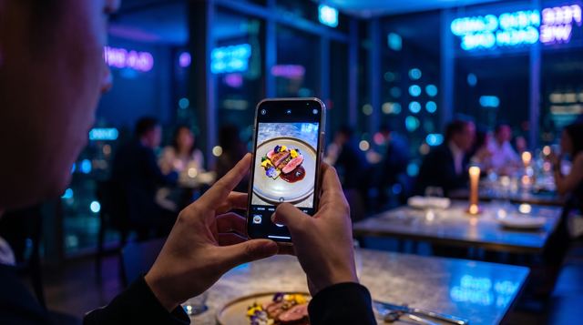 Hand fotografiert ein angerichtetes Gericht mit dem Smartphone in einem vollen Restaurant bei Nacht.