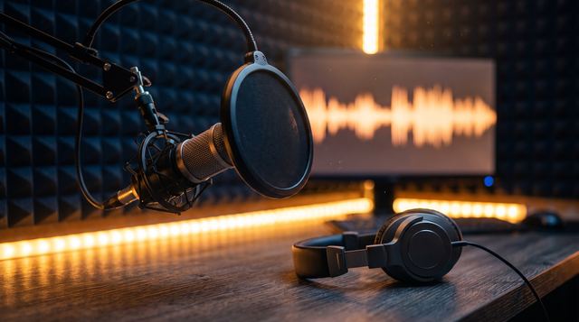 Podcast-Mikrofon mit Popschutz, Kopfhörer und Wellenform auf dem Bildschirm in warmem Studiolicht.
