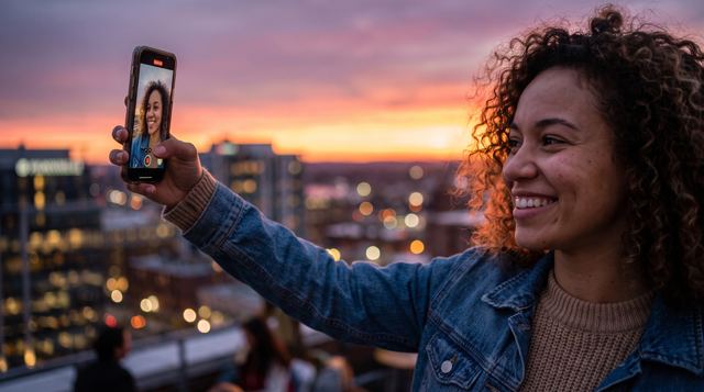 Lächelnde Frau mit Locken filmt eine Story mit dem Smartphone auf einem Rooftop bei Sonnenuntergang.